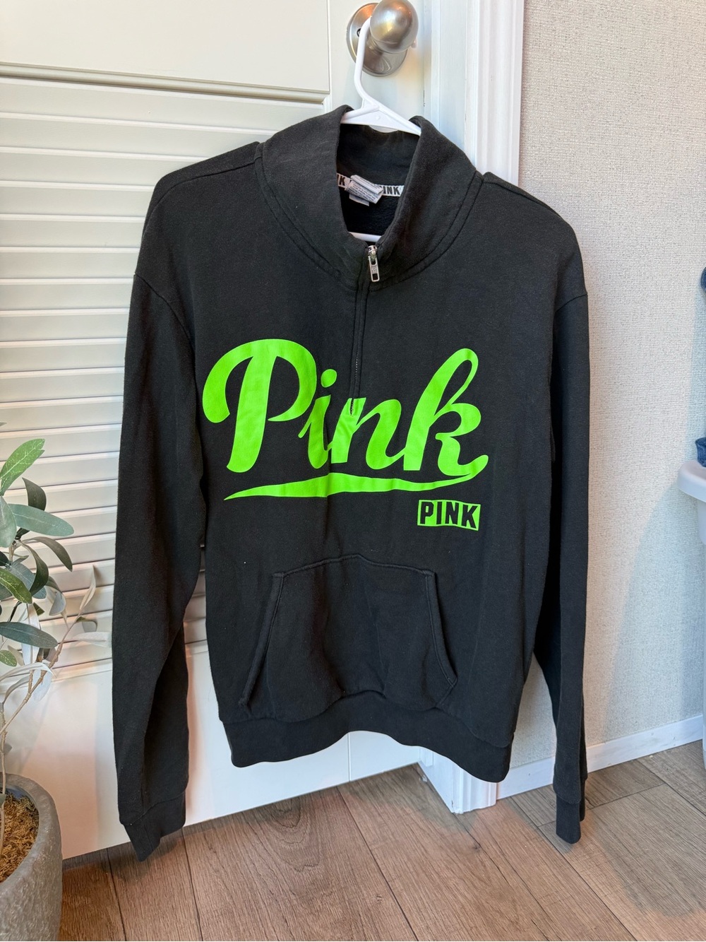 Victoria's Secret PINK Black Zip-Up Sweatshirt with Neon Green Logo